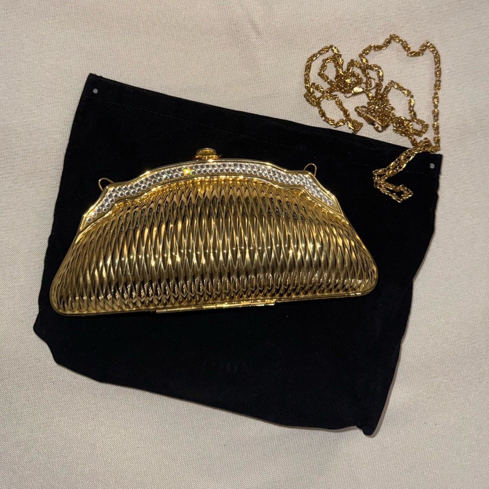 heavy GOLD clutch with faux diamond detailing and detachable crossbody chain